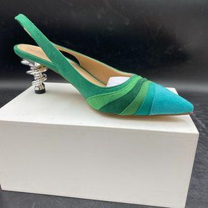 Green Slingback Sandals with Silver Heel
